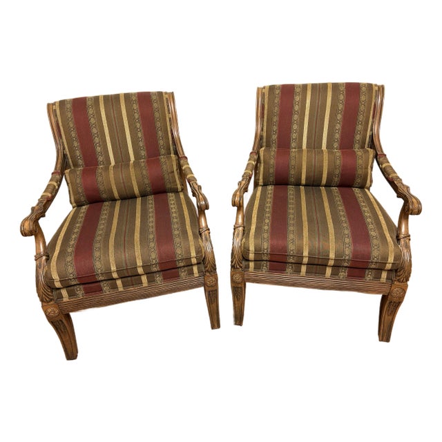 Ethan Allen Hollywood Regency Roma Italian Carved Lounge Chairs, a Pair For Sale