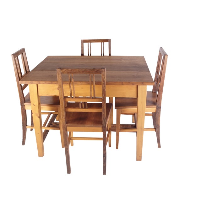 Folk Art Table and Chairs in Oak and Spruce Wood, 1920s, Set of 5 For Sale