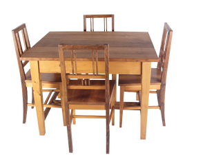 Folk Art Table and Chairs in Oak and Spruce Wood, 1920s, Set of 5