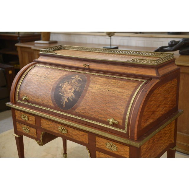 Napoleon III Louis XVI Style Marquetry Cylinder Desk For Sale - Image 17 of 18