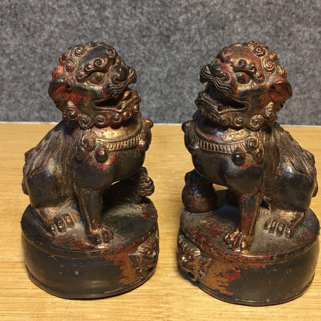Chinese Pair of Vintage Gilt Bronze Foo Dogs – Guardian Lions on Drum Bases For Sale - Image 3 of 9