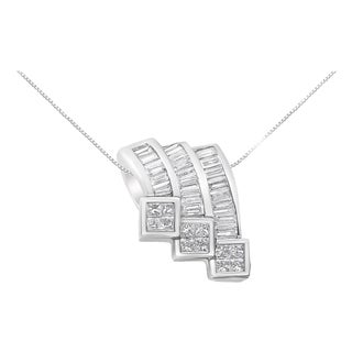 14K White Gold 1 1/2 Cttw Invisible Set Princess and Channel Set Baguette-cut Diamond Triple Curve Pendant Necklace-NO CHAIN INCLUDED For Sale
