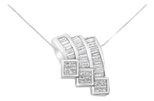 14K White Gold 1 1/2 Cttw Invisible Set Princess and Channel Set Baguette-cut Diamond Triple Curve Pendant Necklace-NO CHAIN INCLUDED