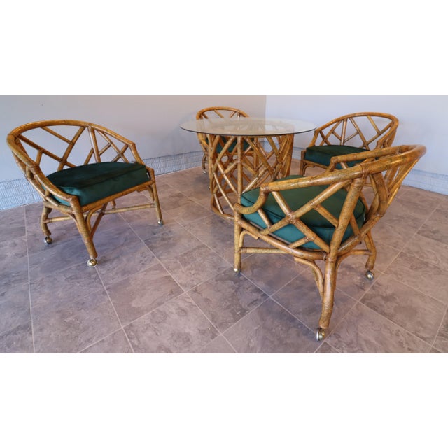 Emerald Mid-Century Hollywood Regency Rattan Dining Set With Brass Casters, Attributed to Ficks Reed For Sale - Image 8 of 15