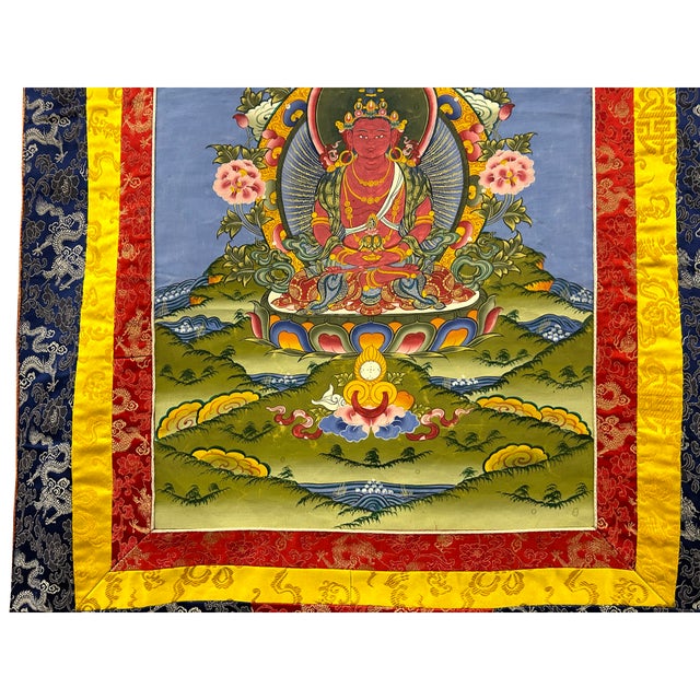 Tibetan Print Fabric Trim Amitayus Buddha Art Wall Scroll Thangka For Sale - Image 4 of 4