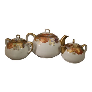 Kyoto Koshida Japanese Hand Painted Teapot, Cream, & Sugar Dishes For Sale