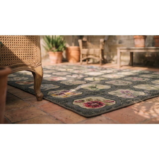 1930s Gray Roses Folk Art Antique American Hooked Rug 5'10" X 7'6" Woven Cotton Carpet For Sale - Image 14 of 15
