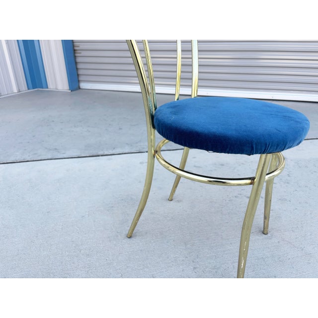 1980s Set of 4 Vintage Hollywood Regency Brass & Royal Blue Velvet Dining Chairs For Sale - Image 13 of 16