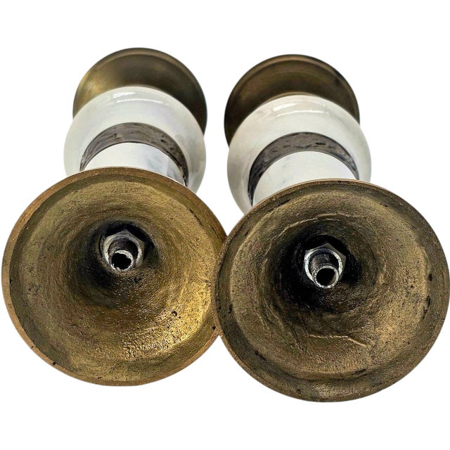 Art Nouveau Mid-Century Indian Brass & White Marble Candlesticks Pair For Sale - Image 3 of 11
