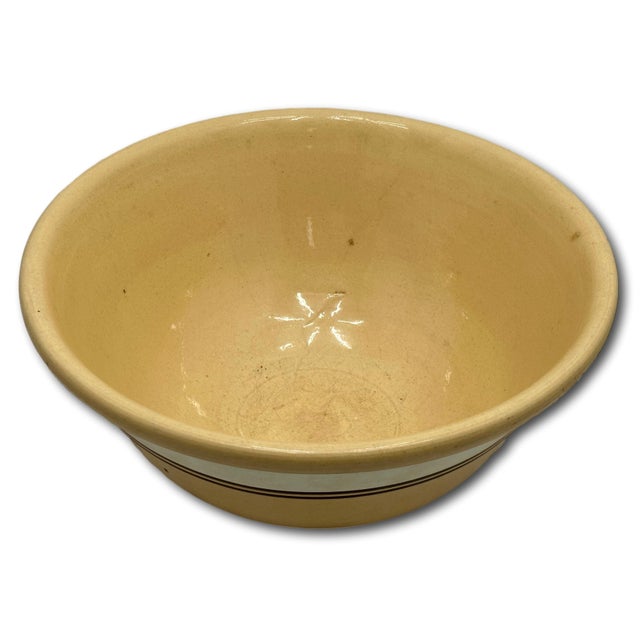 Nice Antique Large Thick & Heavy 13 Inch Brown & Cream Color Banded Yellow Ware Kitchen Mixing Bowl - Circa Late 1800s For Sale In Boston - Image 6 of 18