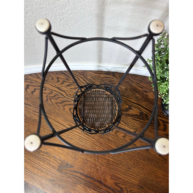 Late 20th Century Vintage Wrought Iron Pedestal Plant Stand With Woven Wicker Top For Sale - Image 5 of 7