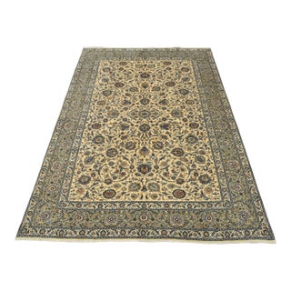 Kashan Rug 9’6” X 13′ Ivory Wool Vintage Traditional Hand-Knotted Carpet For Sale