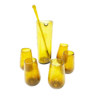 Mid Century Modern Hand Blown Bubble Amber Art Glass Pitcher Drinkware Set - 7 Pieces