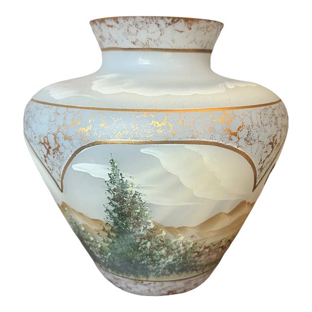 Vintage Fenton "After the Rain" Hand Painted French Opalescent Satin Glass Vase For Sale