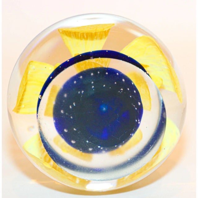 Murano Hand Blown Paperweight Yellow Flower With Blue Base Collectible Art Glass For Sale - Image 9 of 13