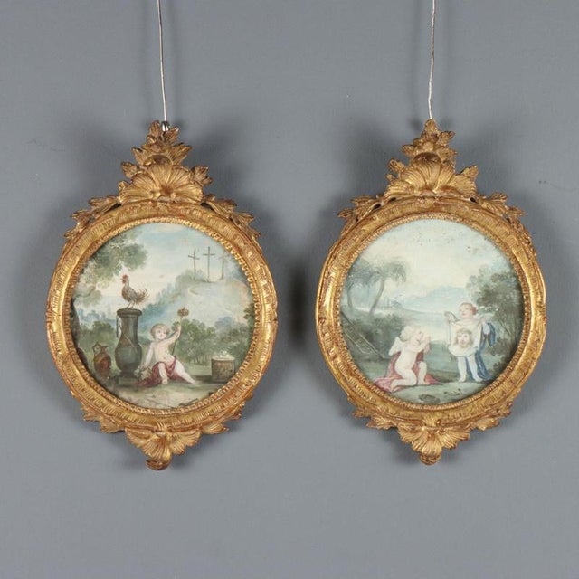 Cherubs and Symbols of the Passion, 18th Century, Oil Paintings on Paper, Framed, Set of 2 For Sale - Image 12 of 12