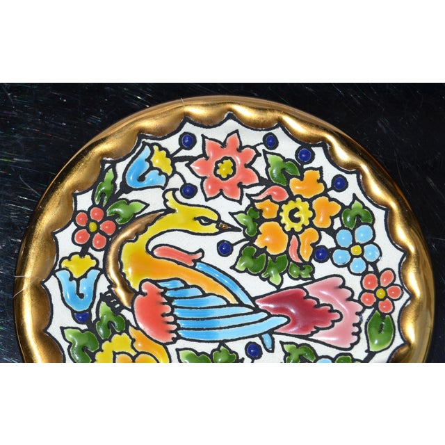 Vintage Handmade Spanish Coaster 3.75 Inch 24k Gold Exotic Bird Floral Design Majolica For Sale - Image 9 of 12