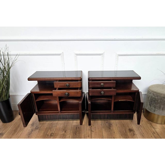 Art Deco Italian Nightstands in Wood and Black Glass Top, 1940s, Set of 2 For Sale - Image 6 of 11