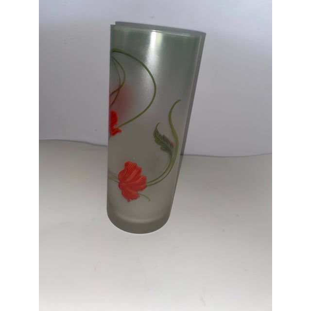 Art Style and Nouveau Vase . Large Early 20th Century Art Nouveau Green Cylinder Frosted Glass Vase With Floral Motif For Sale - Image 4 of 12