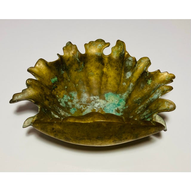 Nautical 1960s Cast Solid Brass & Verdigris Clam Shell Dish For Sale - Image 3 of 12