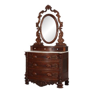 Antique Victorian Rococo Carved Walnut Marble Top Dresser With Mirror C1890 For Sale