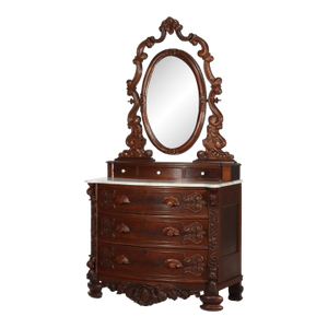 Antique Victorian Rococo Carved Walnut Marble Top Dresser With Mirror C1890