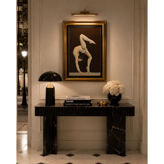 Striking 1970s figurative oil painting by J. Banas depicting a female acrobat or dancer balancing in a dramatic contortion...