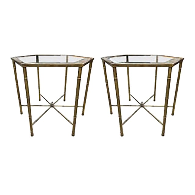 Pair of Mastercraft Brass Hexagonal Tables For Sale