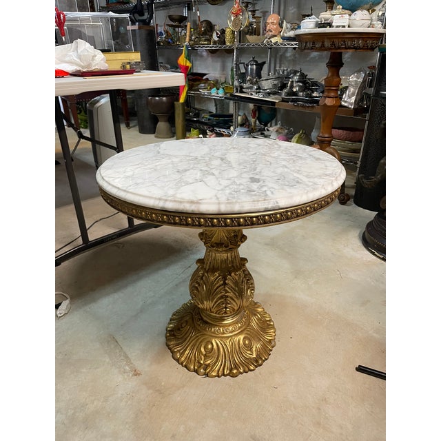 Traditional Vintage Hollywood Regency Cast Metal With Gold Base Marble Top Table For Sale - Image 3 of 7