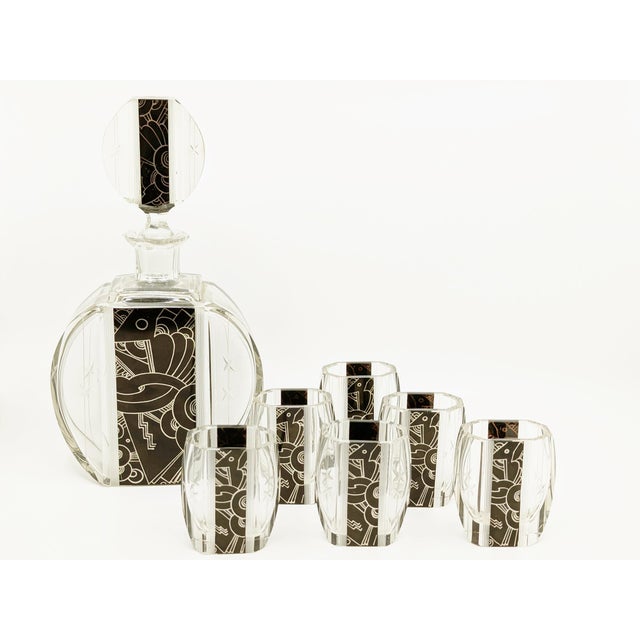 Art Deco Mirrored and Grinded Glass Decanter Set attributed to Karel Palda, 1930s, Set of 7 For Sale - Image 10 of 14