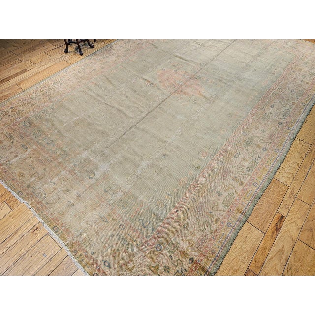 Textile Vintage Turkish Oushak Hand-Knotted Rug in Open Geometric Pattern in Pale Green, Yellow, Pink For Sale - Image 7 of 17