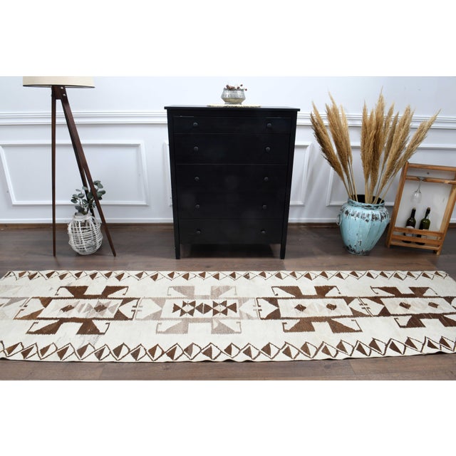1970s Vintage Handmade Wool Cotton Beige Brown Runner Rug For Sale - Image 11 of 11
