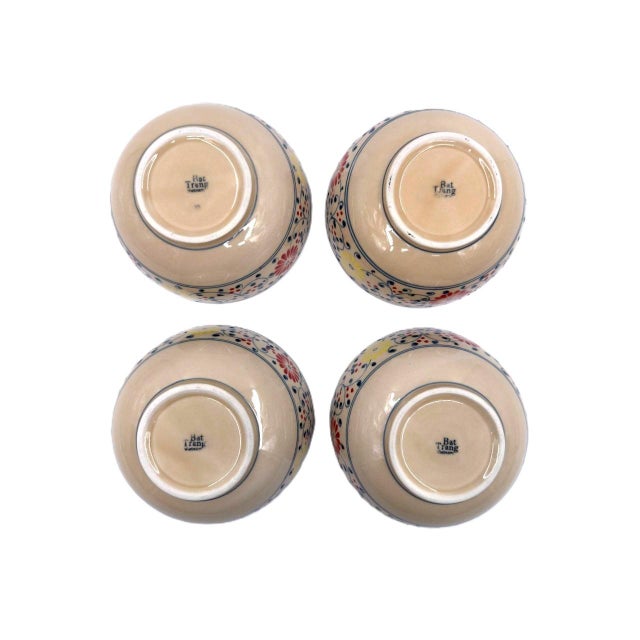 Set of 4 Hand-Painted Bat Trang Vietnamese Ceramic Soup Bowls With Floral Motifs For Sale - Image 4 of 13