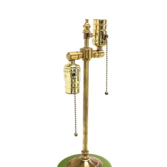 Vintage Mid Century Brass Glazed Pottery Ceramic Cylinder Base Table Lamp For Sale - Image 6 of 8