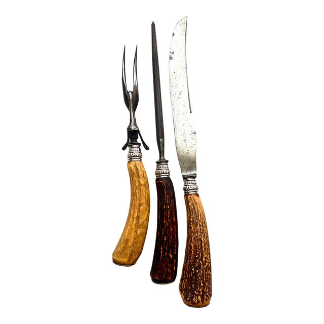 Antique Carving Set With Stag Antler Handles - 3 pcs For Sale