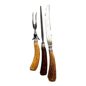 Antique Carving Set With Stag Antler Handles - 3 pcs