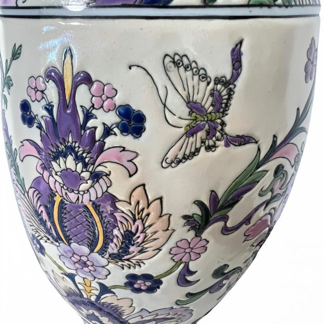 1970s Ornate Floral Ceramic Urn Table Lamps With Carved Wood Bases - a Pair For Sale - Image 9 of 13