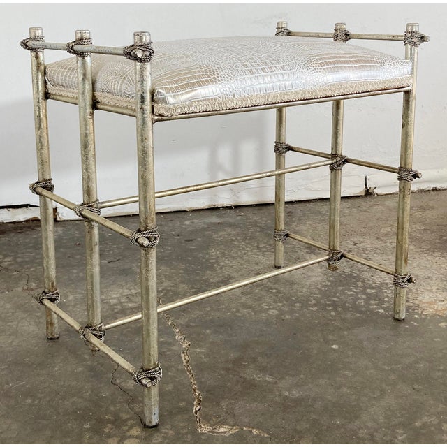 Mid 20th Century Vintage Maitland-Smith Style Vanity Stool With Metallic Croc Print Upholstery For Sale - Image 5 of 11