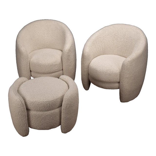 Crate & Barrel Fernie Accent Chairs & Ottoman, Boucle Vegan Lamb Fur Upholstery, 3 Pieces For Sale