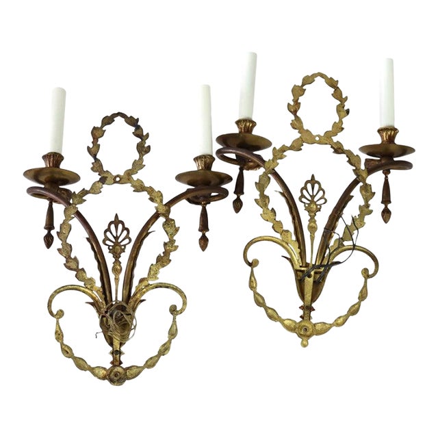 Pair of French Louis XV Laurel Wreath Bronze Double Candle Electric Wall Sconces C1900 For Sale