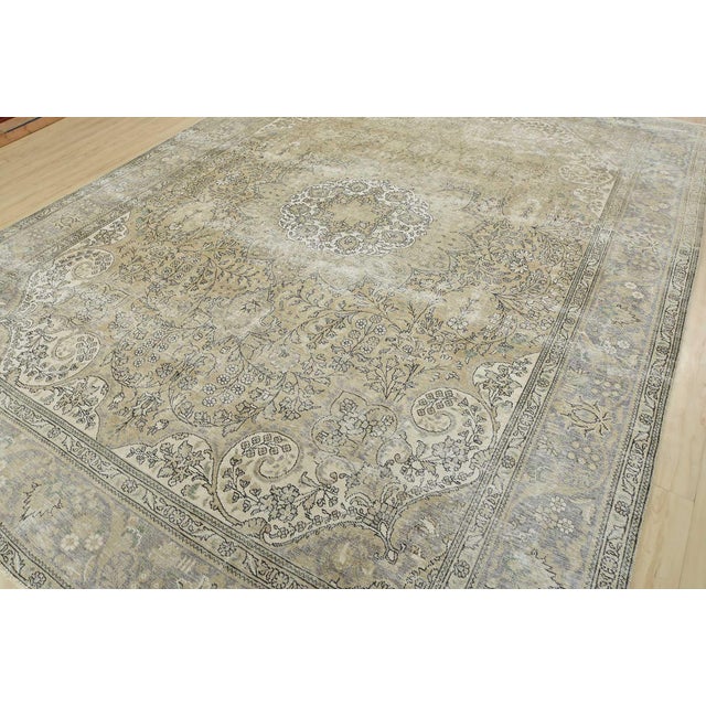 Farmhouse Tabriz Rug 10’1” X 12’11” Beige Wool Vintage Distressed Hand-Knotted Carpet For Sale - Image 3 of 15