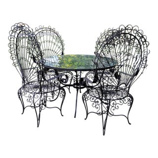 Salterini Patio Set Wrought Iron Table Peacock 4 Chairs Mid 20th C. For Sale