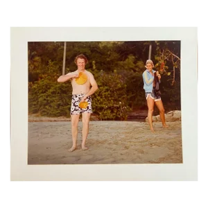 Vintage Lifestyle Photograph of Couple on Beach in Bathing Suits Circa 1976, One of a Series