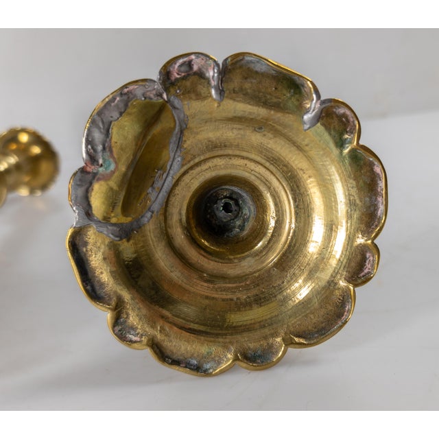 18th Century Pair of English Brass Queen Anne Candlesticks With Petal Base For Sale - Image 10 of 13