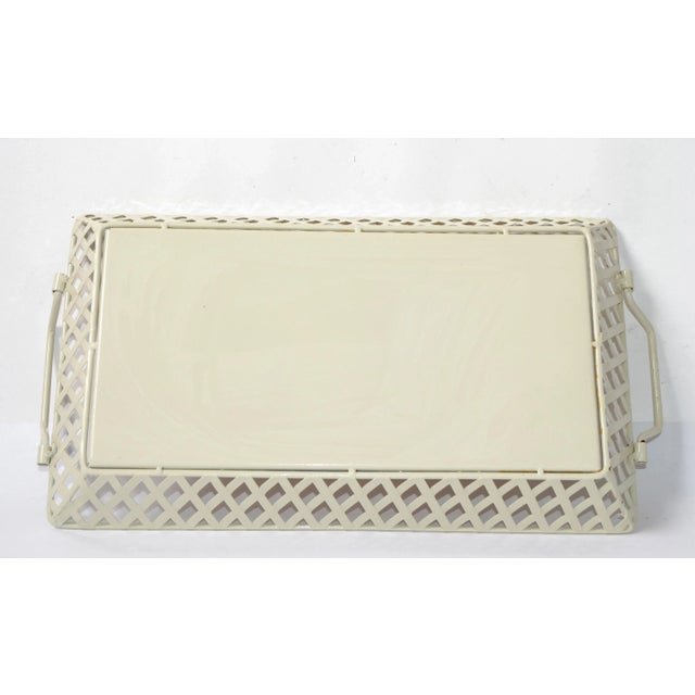 Vintage Lattice Taupe Metal Tray Butterfly and Tulip Ceramic Tile Inserts For Sale - Image 10 of 12