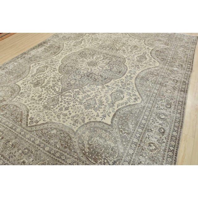Farmhouse Tabriz Rug 10′ X 12’10” Ivory Wool Vintage Distressed Hand-Knotted Carpet For Sale - Image 3 of 15