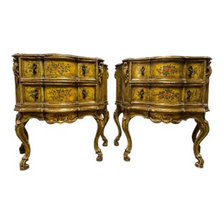 Rare Pair 18th C. Italian Venetian Rococo Hand-Painted Polychrome Bombe Commodes For Sale