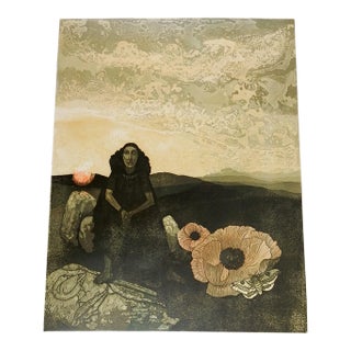 1970s Barbara Robertson Surreal Linocut Print For Sale