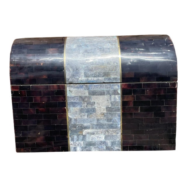 Karl Springer Style Tessellated Horn Stone & Fossilized Coral Dome BoxStone Box For Sale