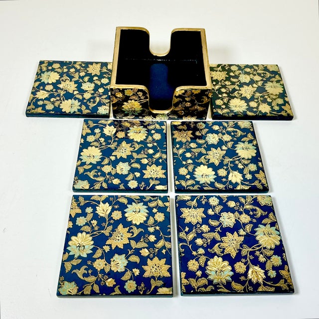 Wood 1980s Vintage Chinoiserie Boho Chic Hollywood Regency Coasters With Caddy - 7 Piece Set. For Sale - Image 7 of 10